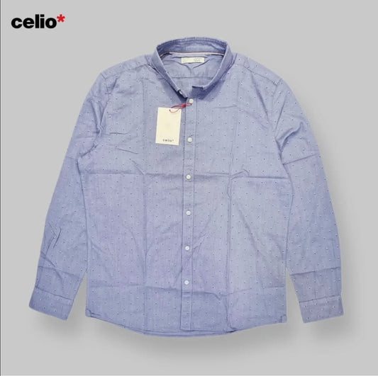 Celio Regular Fit Blue Pattern Cotton Button Cuff Shirt