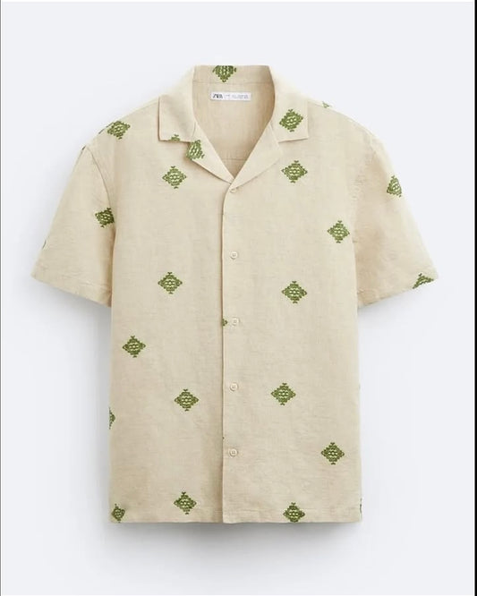 Zara Linen/ Cotton Shirt With Embroidery Pattern