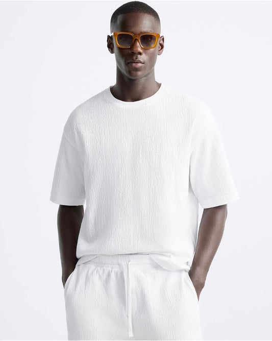 Zara Regular Fit Textured Cotton T shirt in White