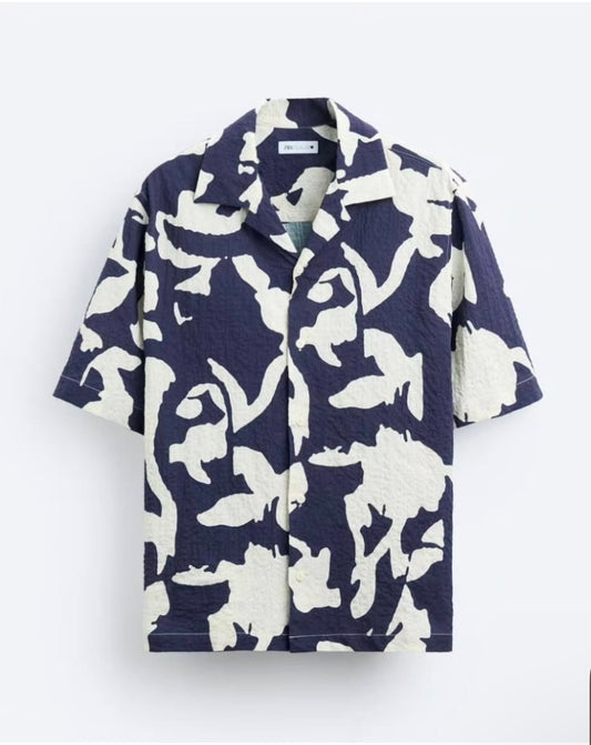 Zara Regular Fit Abstract Print Stretch Cotton Shirt in Navy & White