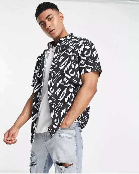 Asos Slim Fit Black Pattern Lightweight Stretch Cotton Short Sleeve Shirt With Roll up Sleeve