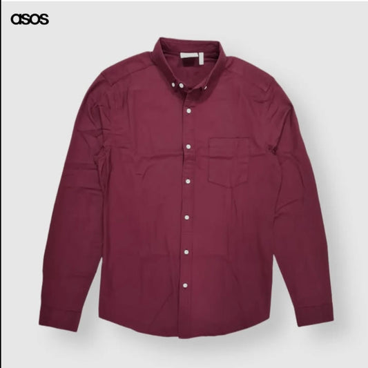 Asos Slim Fit Burgundy Oxford Cotton Button Cuff Shirt