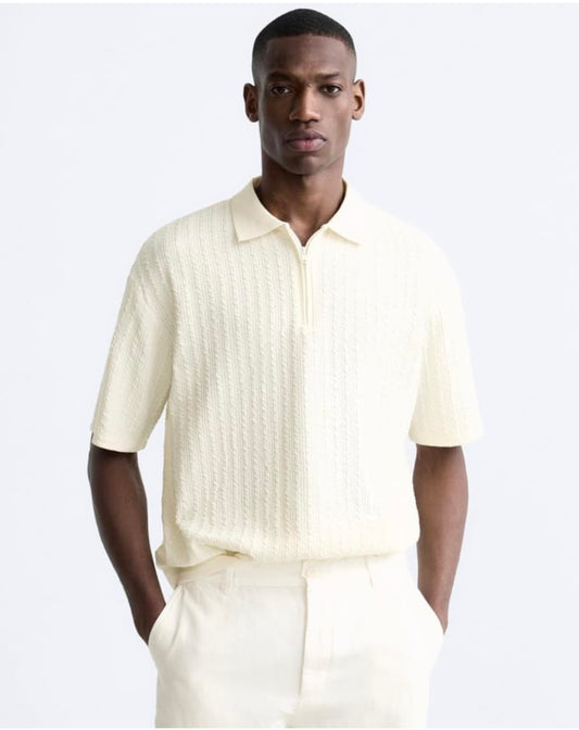 Zara Regular Fit Textured Weave Quarter Zip Polo
