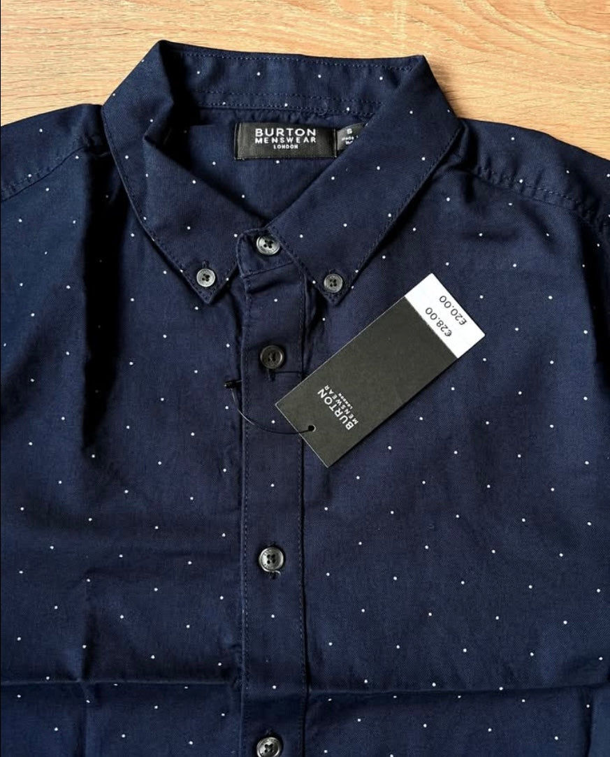 Burton Regular Fit Blue Spotted Oxford Cotton Short Sleeve Shirt