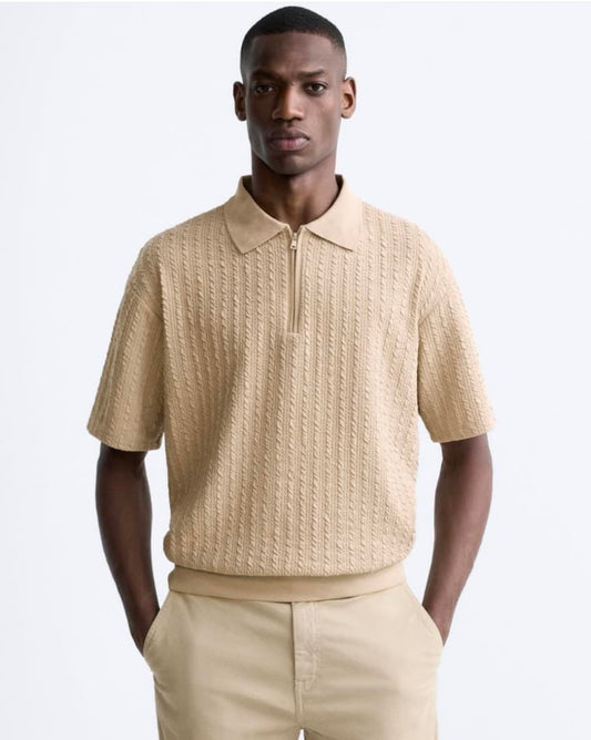 Zara Regular Fit Textured Weave Quarter Zip Polo in Brown