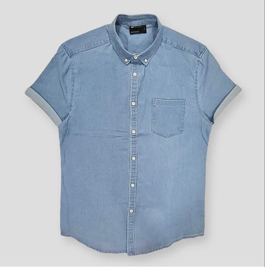 Asos Regular Fit Blue Wash Short Sleeve Stretch Denim