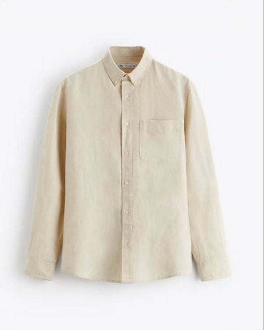 Zara Regular Fit Linen/ Cotton Shirt in Beige