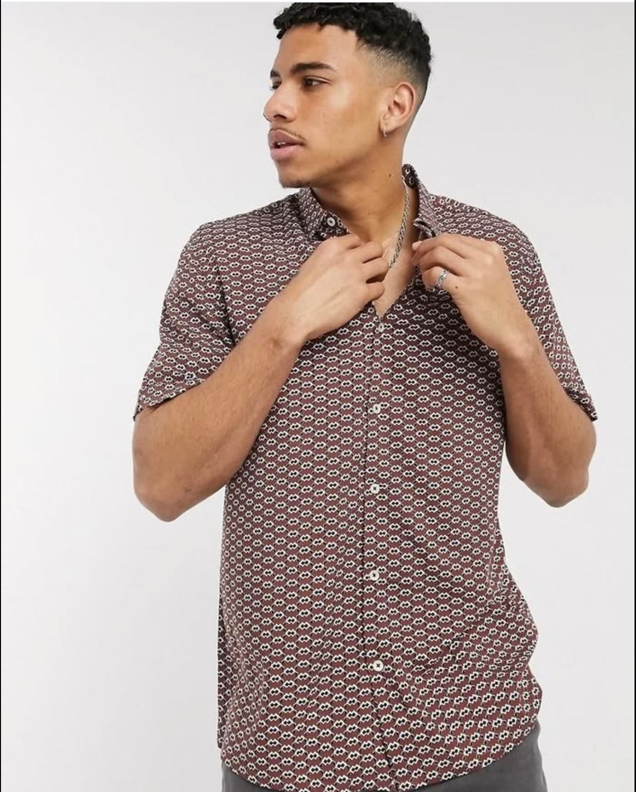 Burton Regular Fit Burgundy Aztec Short Sleeve Shirt in Viscose