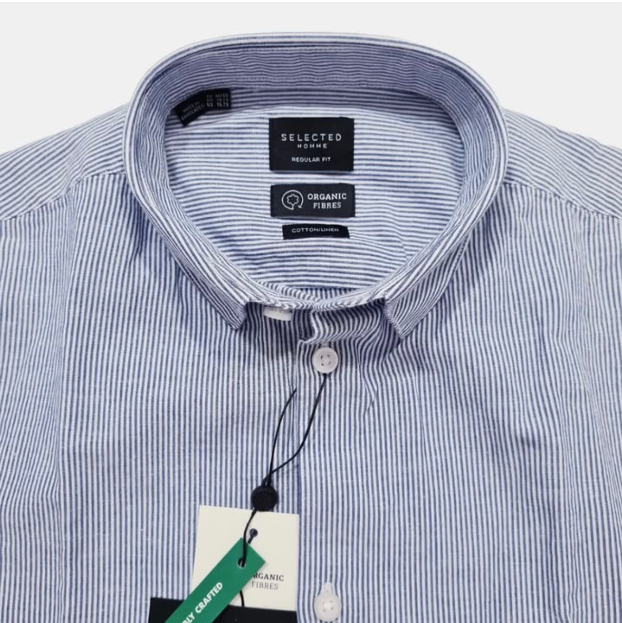Selected Homme Regular Fit Blue Stripe Cotton/ Linen Blend Short Sleeve Shirt