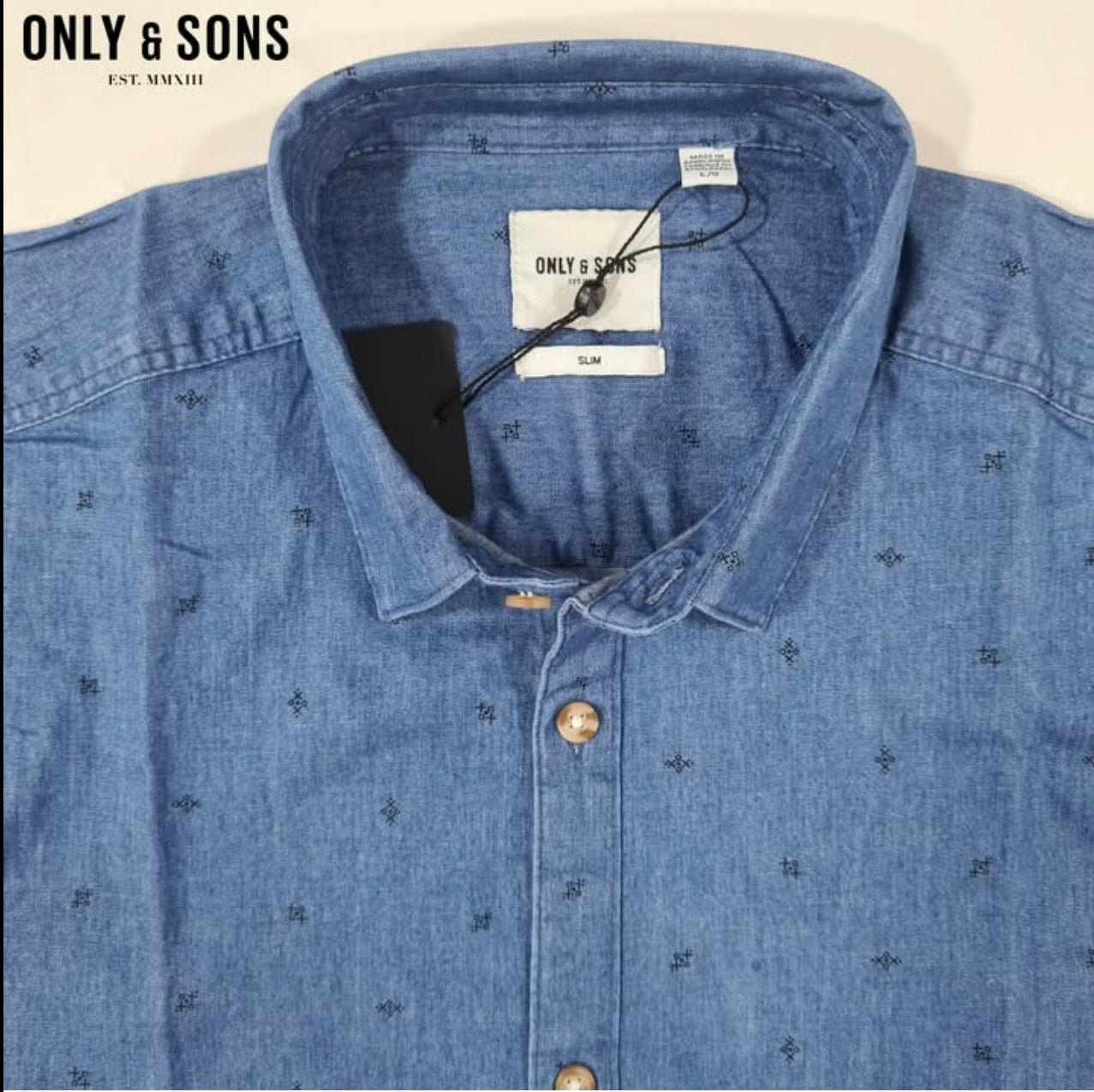 Only & Sons Slim Fit Blue Pattern Short Sleeve Denim Shirt