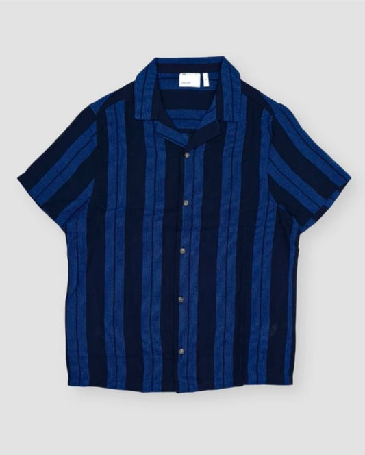 Asos Knit Cotton Shirt in Basket Stripe Navy