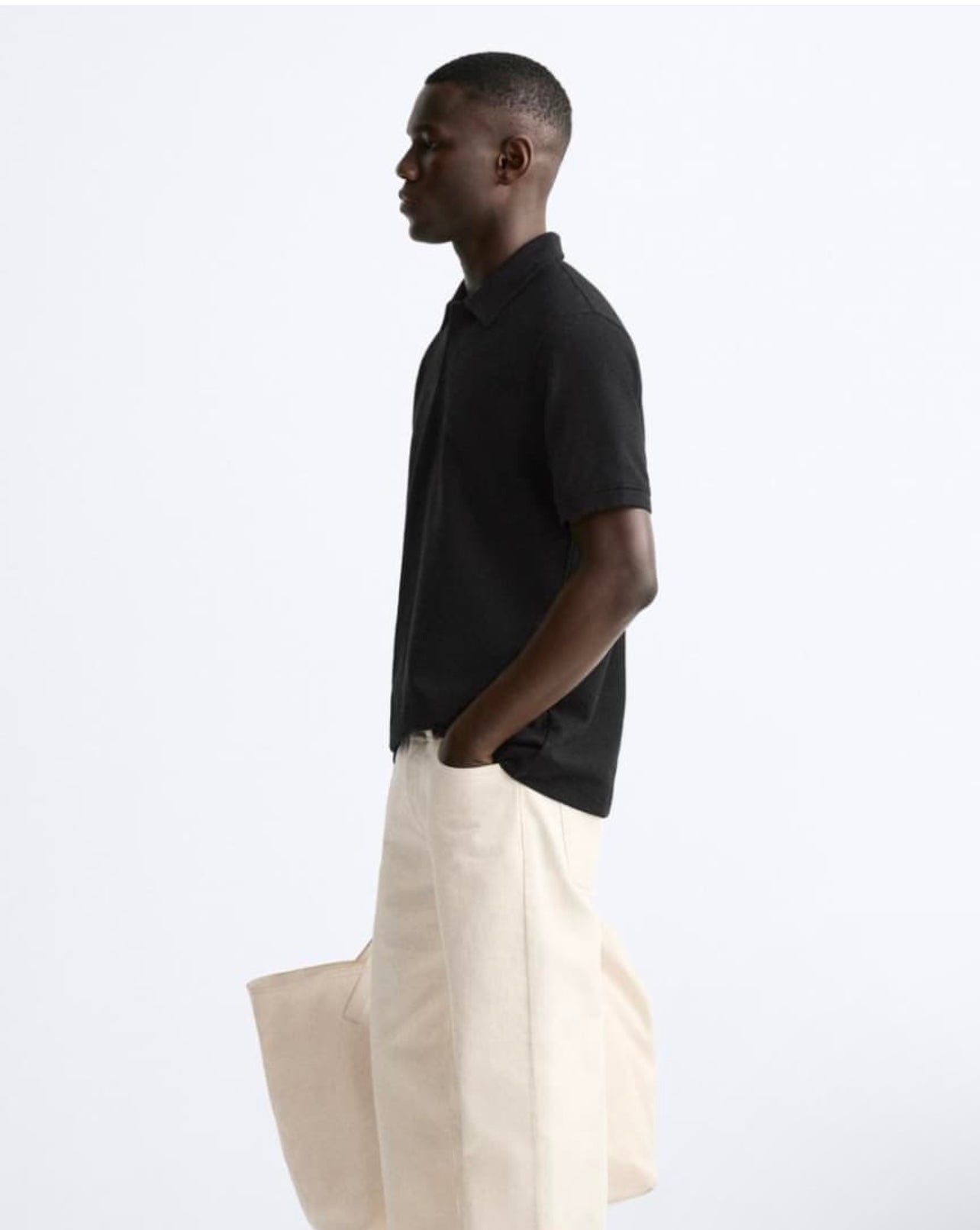 Zara Regular Fit Textured Cotton Polo Shirt in Black