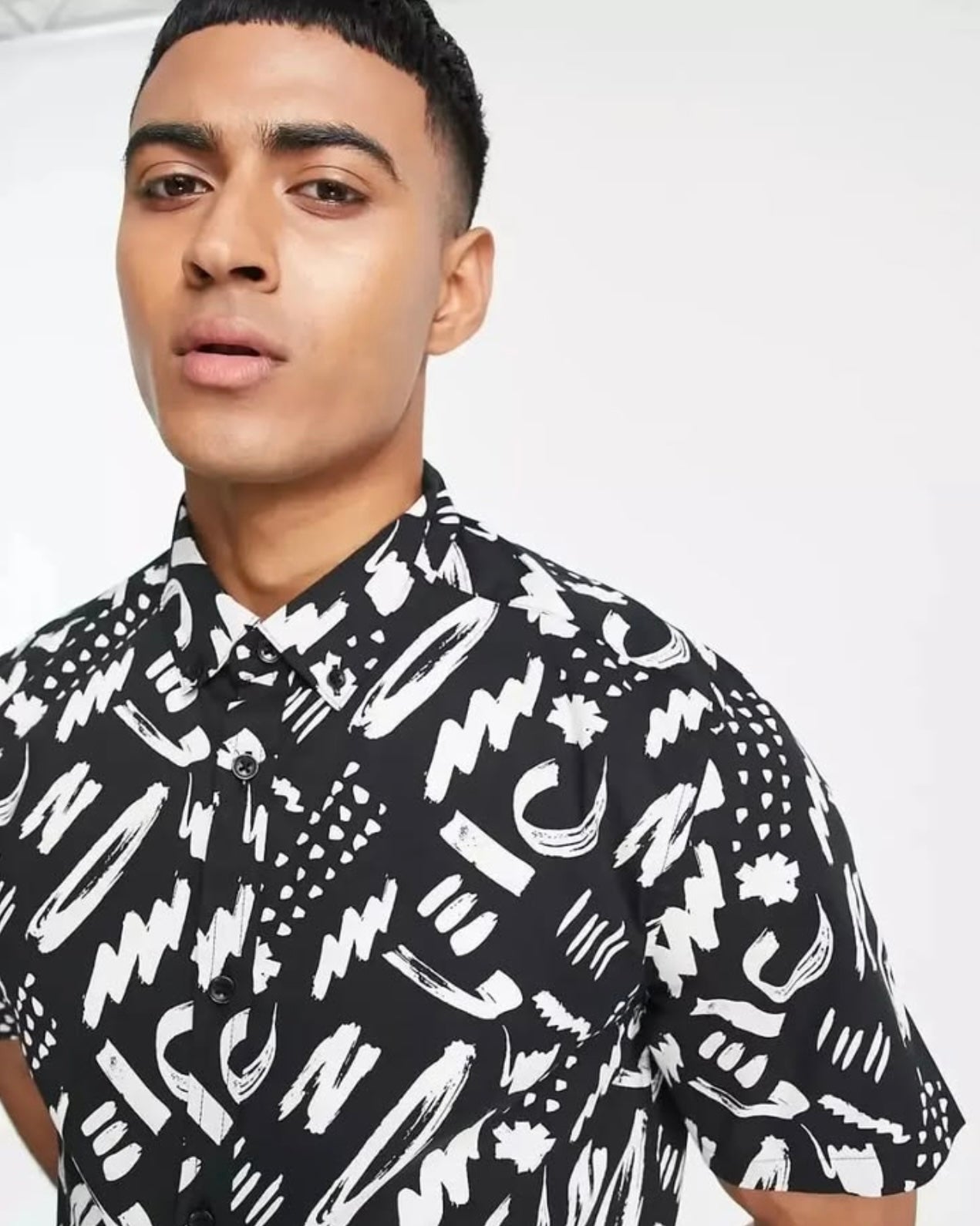 Asos Slim Fit Black Pattern Lightweight Stretch Cotton Short Sleeve Shirt With Roll up Sleeve