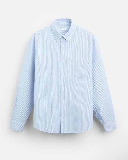 Zara Regular Fit Oxford Cotton Shirt in Blue Stripe