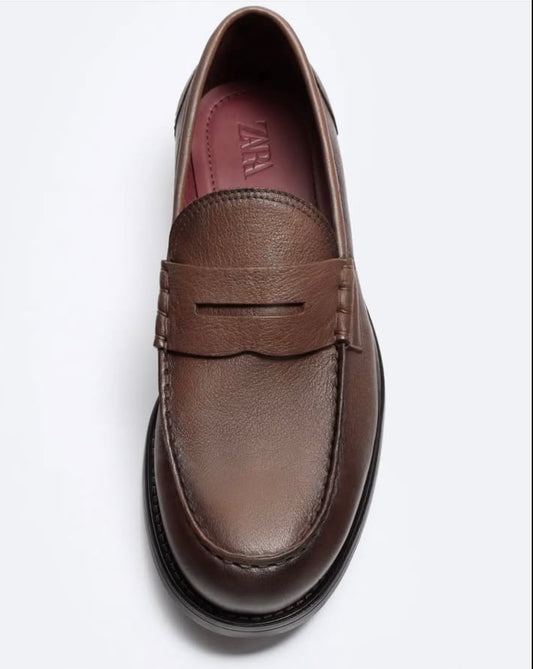 Zara Leather Penny Strap Loafers in Brown