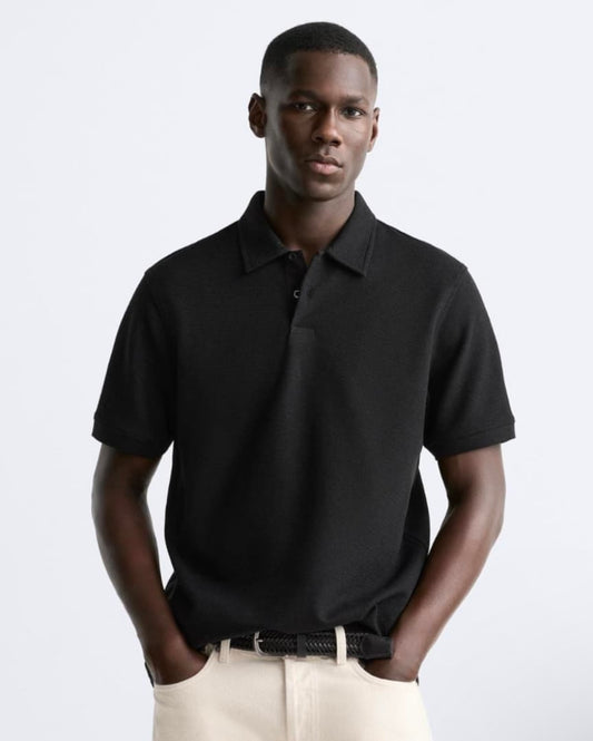 Zara Regular Fit Textured Cotton Polo Shirt in Black