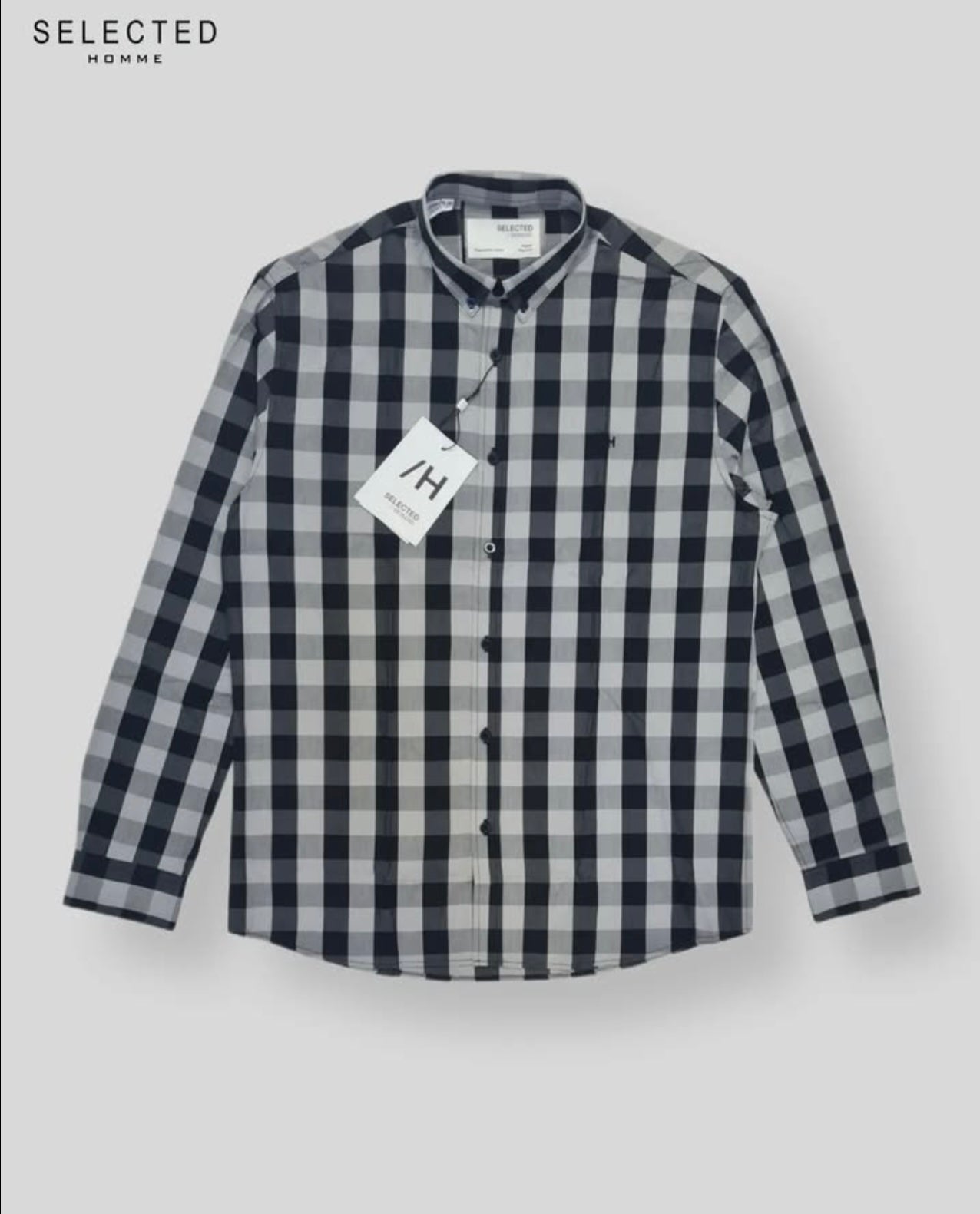 Selected Homme Regular Fit Grey Check Cotton Button Cuff Shirt