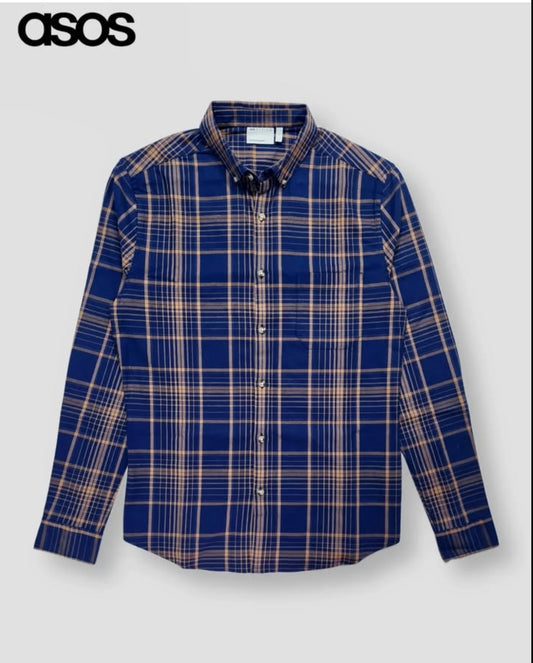 Asos Slim Fit Navy Plaid Cotton Button Cuff Shirt