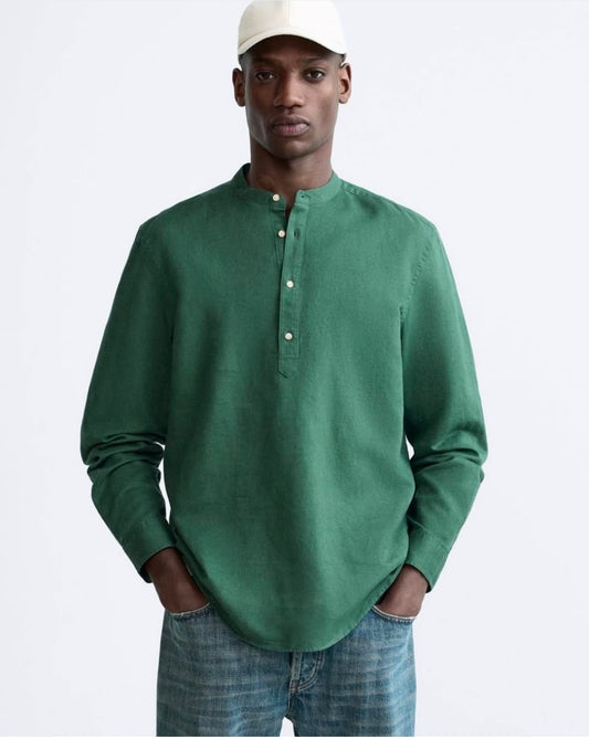 Zara Regular Fit Cotton/ Linen Shirt in Green