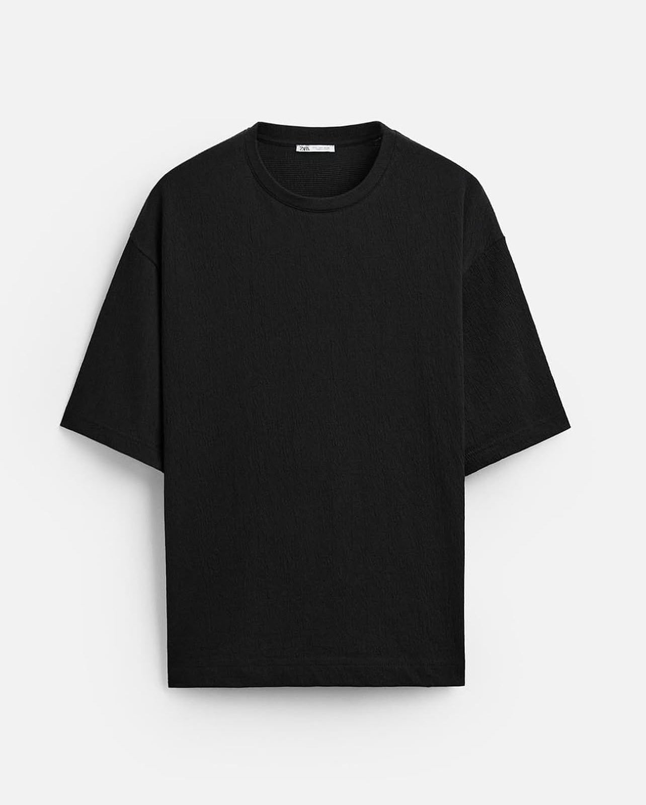 Zara Regular Fit Textured Cotton T shirt in Black