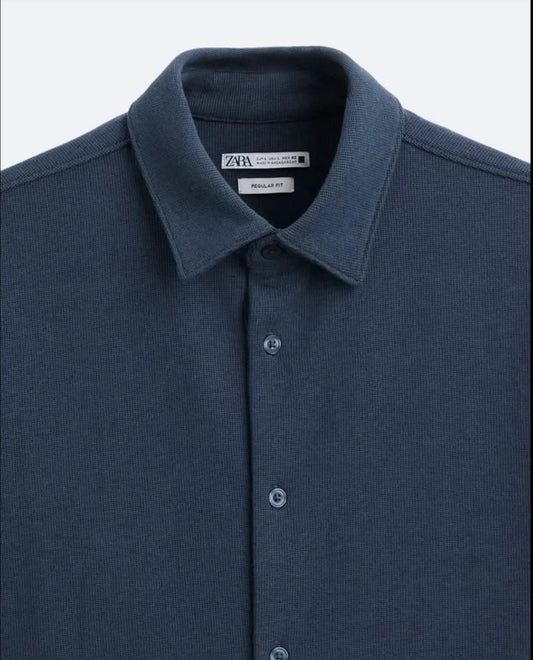 Zara Regular Fit Textured Cotton Shirt in Navy