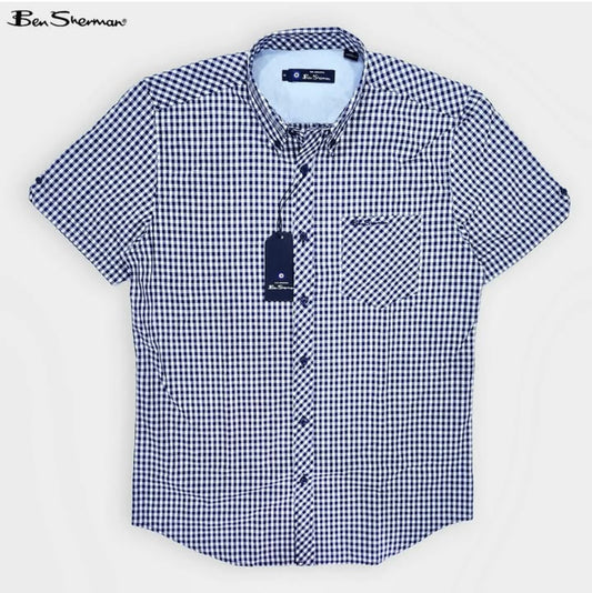 Ben Sherman Regular Fit Blue Check Cotton Short Sleeve Shirt