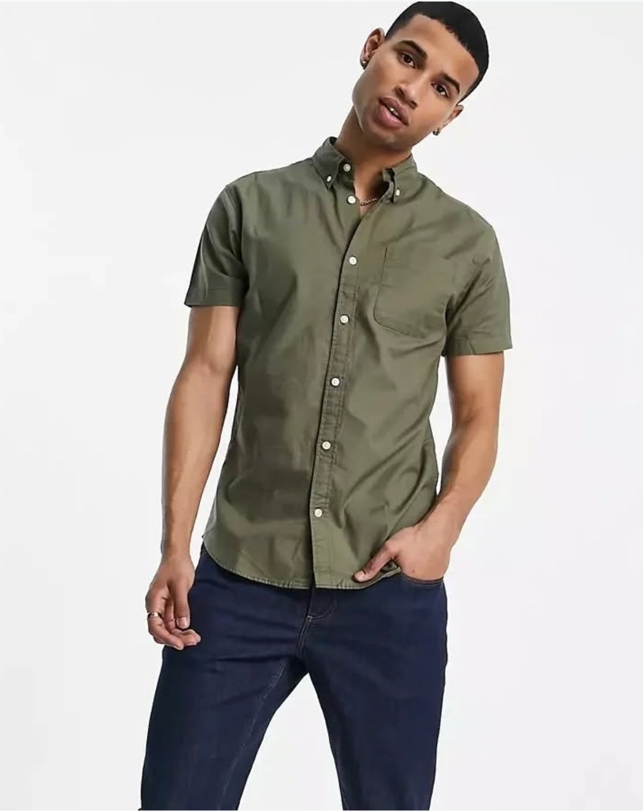 Jack & Jones Slim Fit Army Green Cotton Short Sleeve Shirt