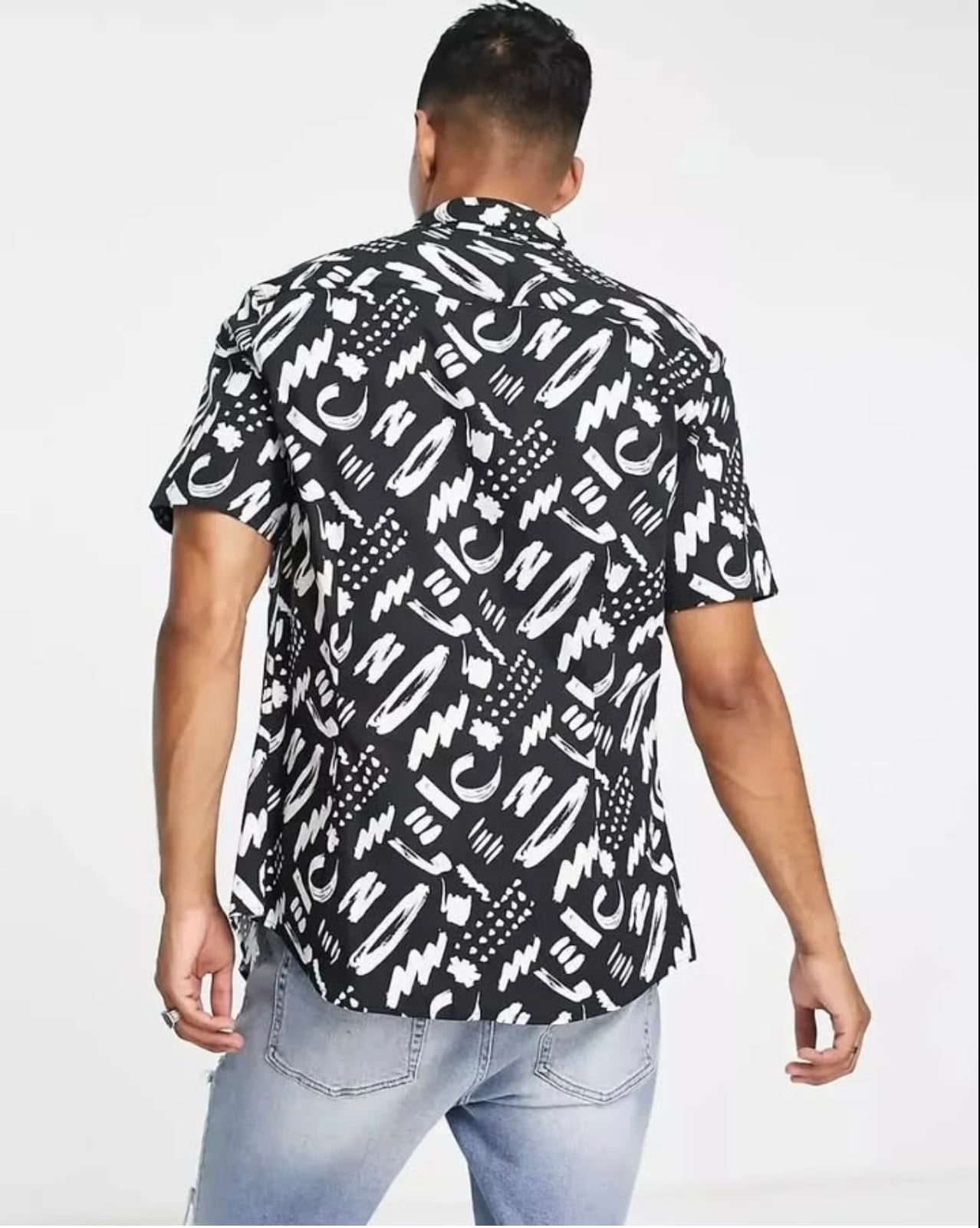 Asos Slim Fit Black Pattern Lightweight Stretch Cotton Short Sleeve Shirt With Roll up Sleeve