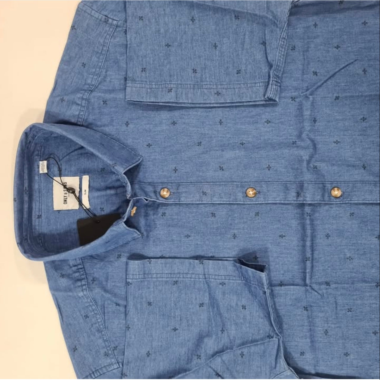 Only & Sons Slim Fit Blue Pattern Short Sleeve Denim Shirt