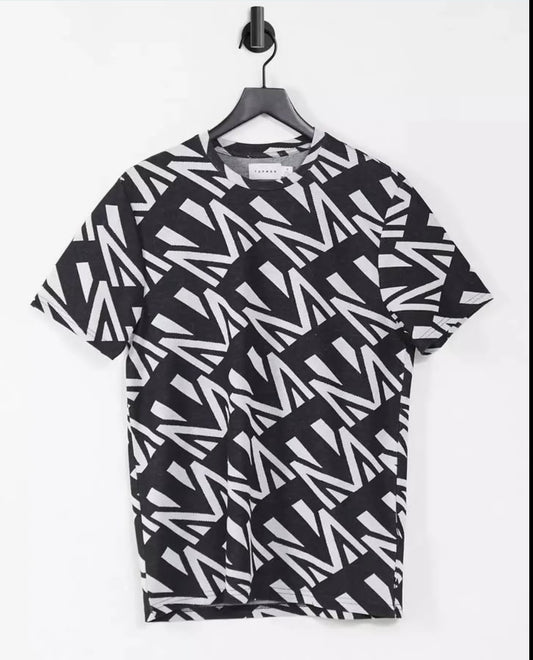 Topman Regular Fit Grey Pattern Cotton T Shirt