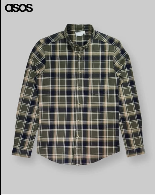 Asos Slim Fit Green Plaid Cotton Button Cuff Shirt