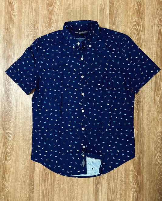 U S Polo Assn Cotton Navy Shirt With All Over Flag Print