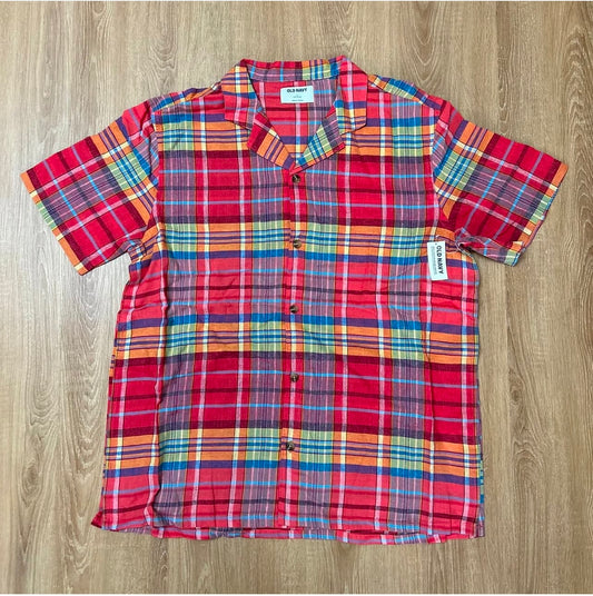 Old Navy- Regular Fit Plaid Linen Blend Short Sleeve Shirt