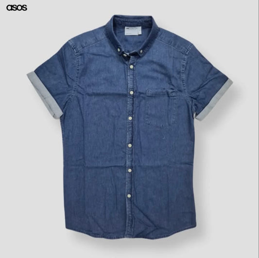 Asos Slim Fit Blue Wash Denim Short Sleeve Shirt