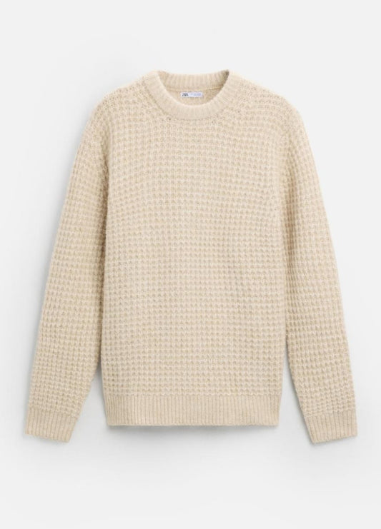 Zara Check Textured Sweater in Beige