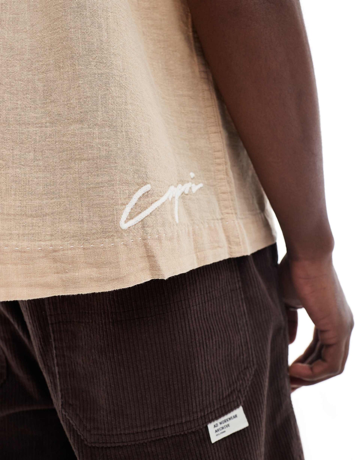 Only & Sons Beige Embroidered Revere Collar Shirt