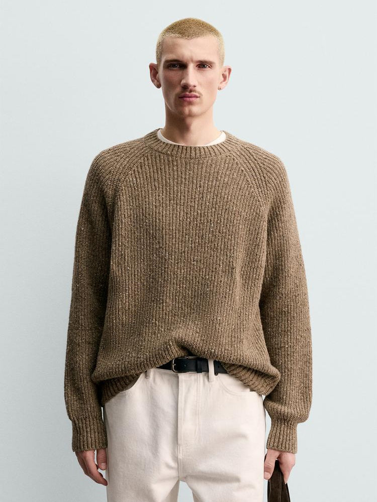 Zara Regular Fit Purl Knit Flecked Jumper Sweater In Brown