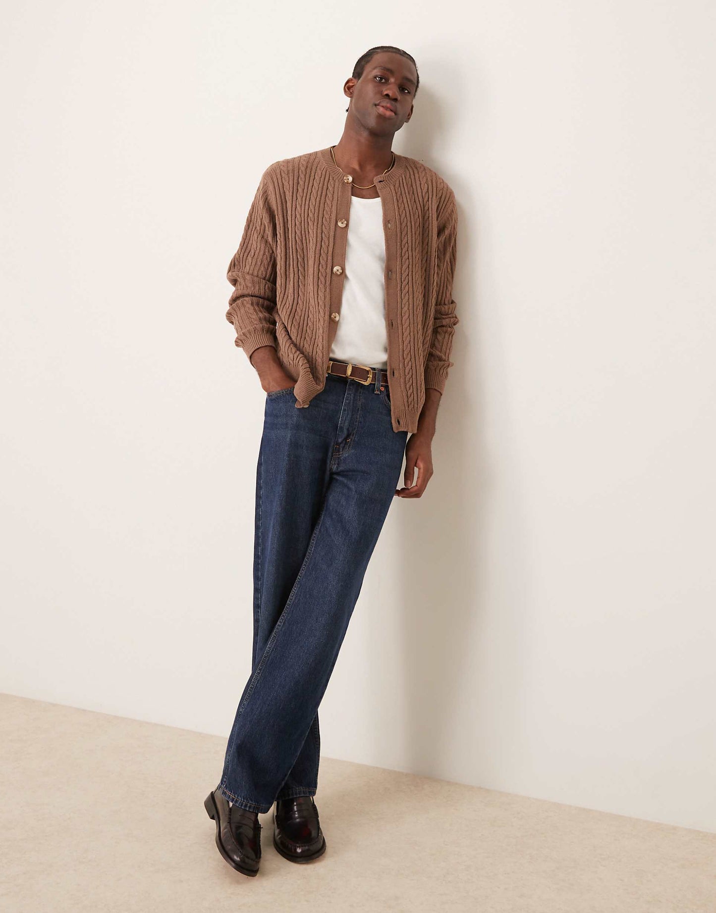 Asos Brown Cable Knitted Crew Neck Cardigan