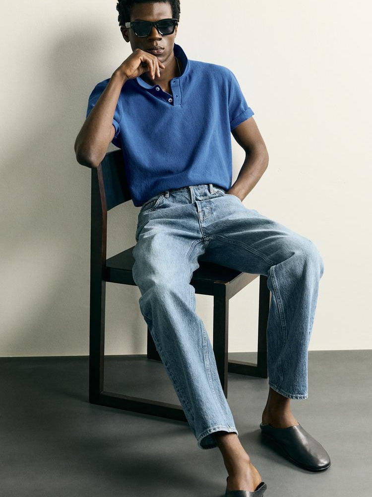 Zara Regular Fit Textured Knit Polo Shirt in Blue