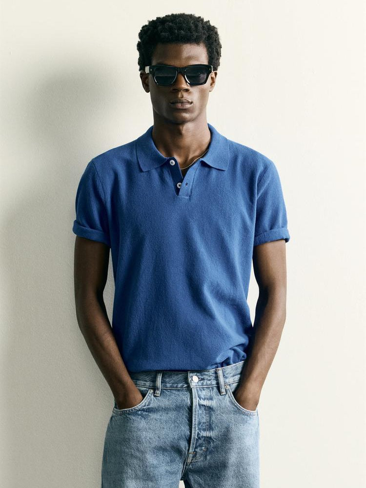 Zara Regular Fit Textured Knit Polo Shirt in Blue