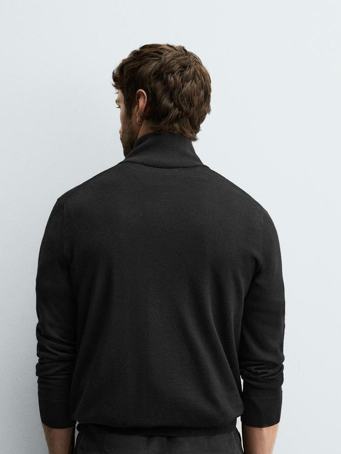 Zara Regular Fit Wool Quarter-Zip Jumper Sweater In Black