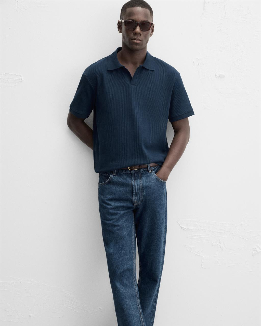 Zara Navy Textured Polo Shirt