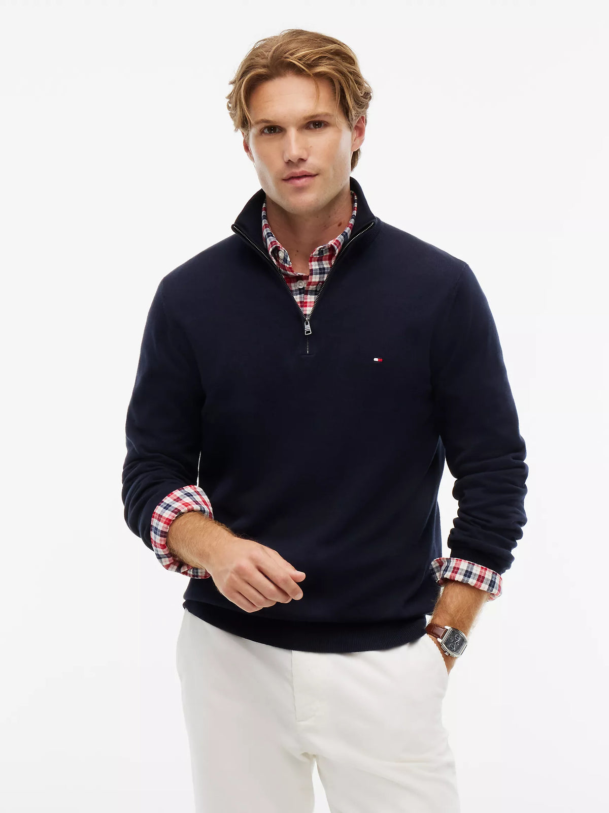 Tommy Hilfiger Regular Fit Quater-Zip Mock Neck Sweater in Navy