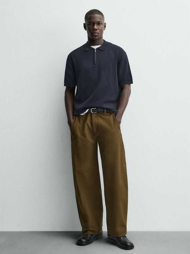 Zara Knit Zip Polo Shirt in Navy