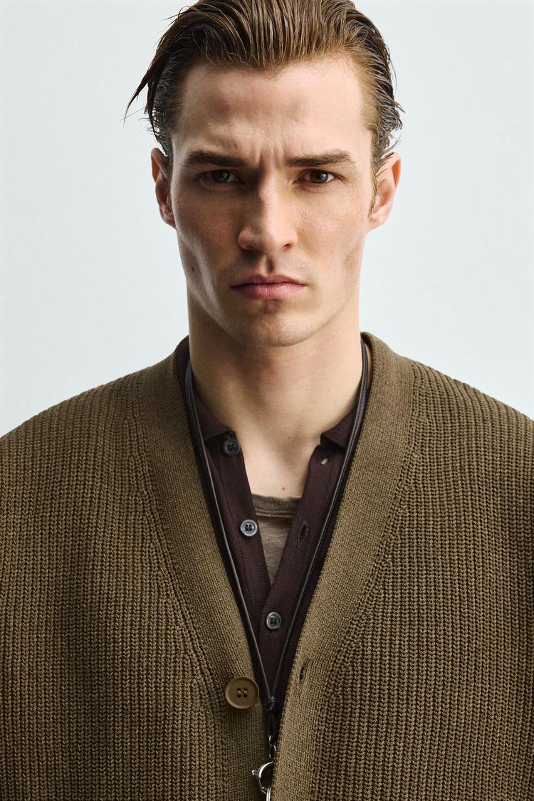 Zara Textured Relaxed Fit Cardigan in Khaki