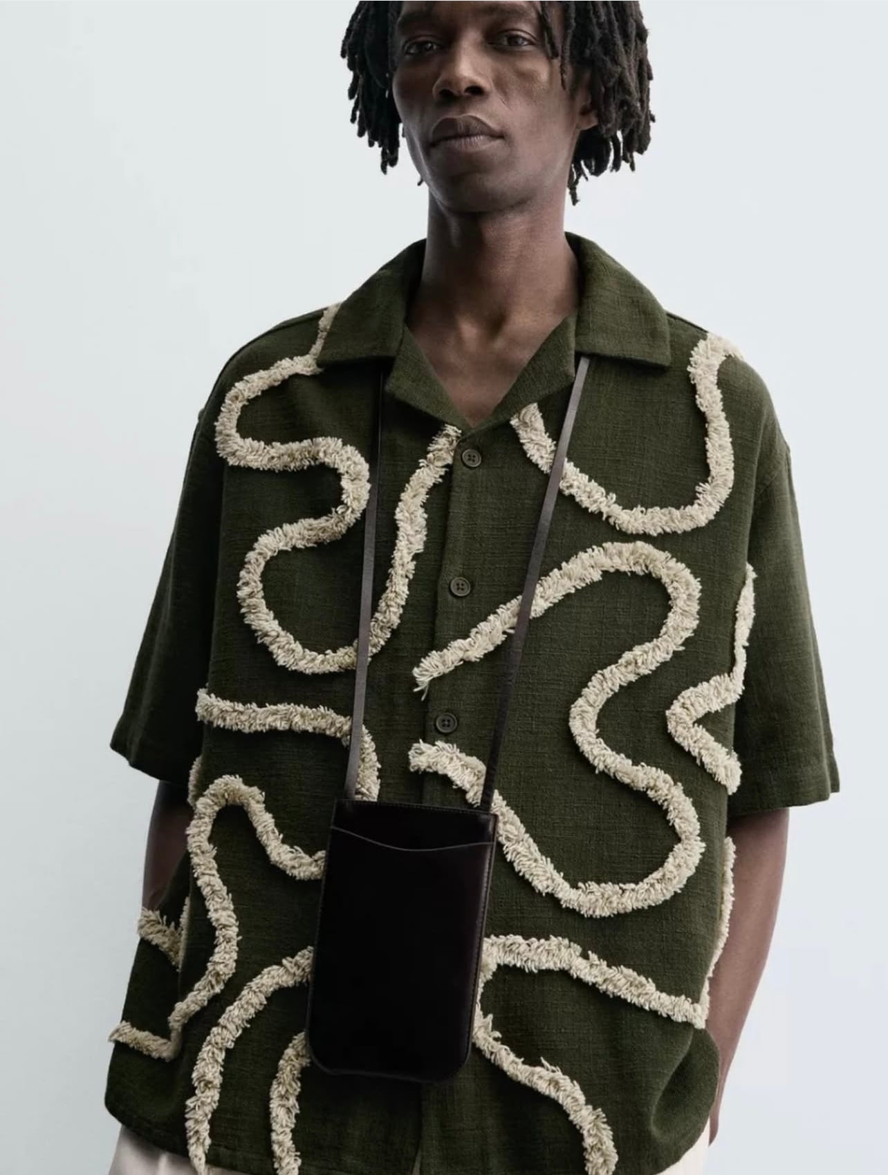 Zara Regular Fit Textured Embroidery Shirt in Green