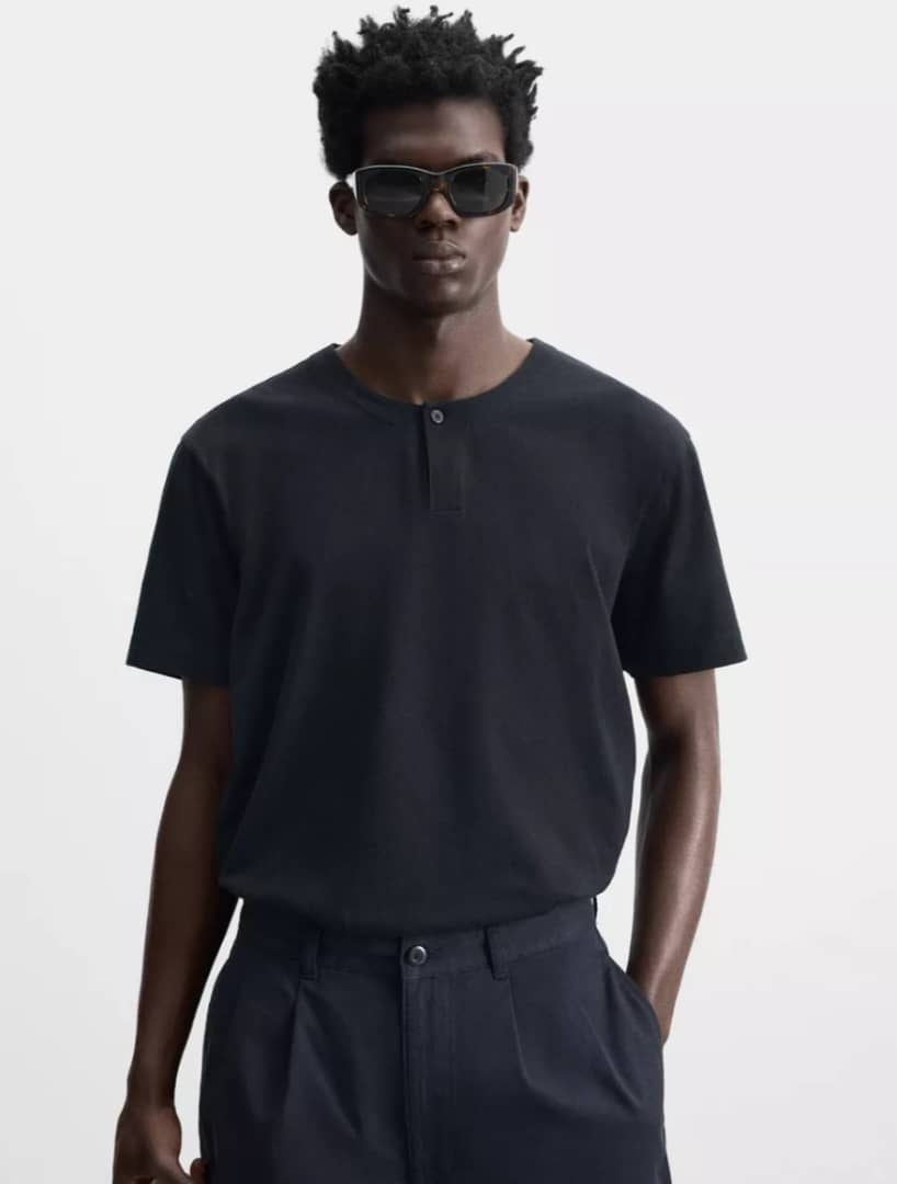Zara Button Neck T Shirt in Navy