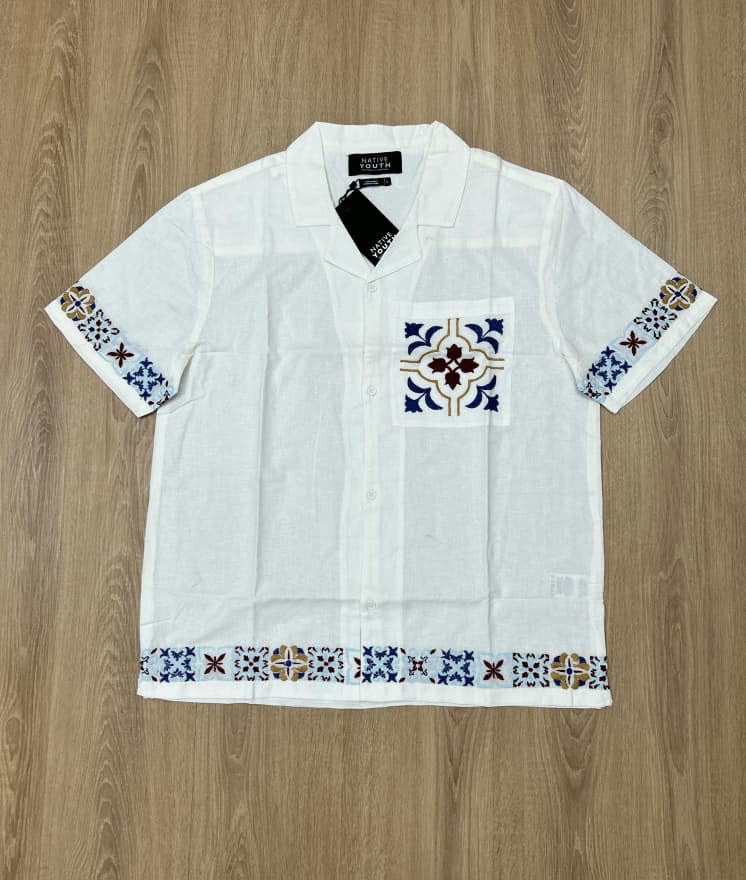 Native Youth Regular Fit Cotton/Linen Embroidery Shirt in Off White