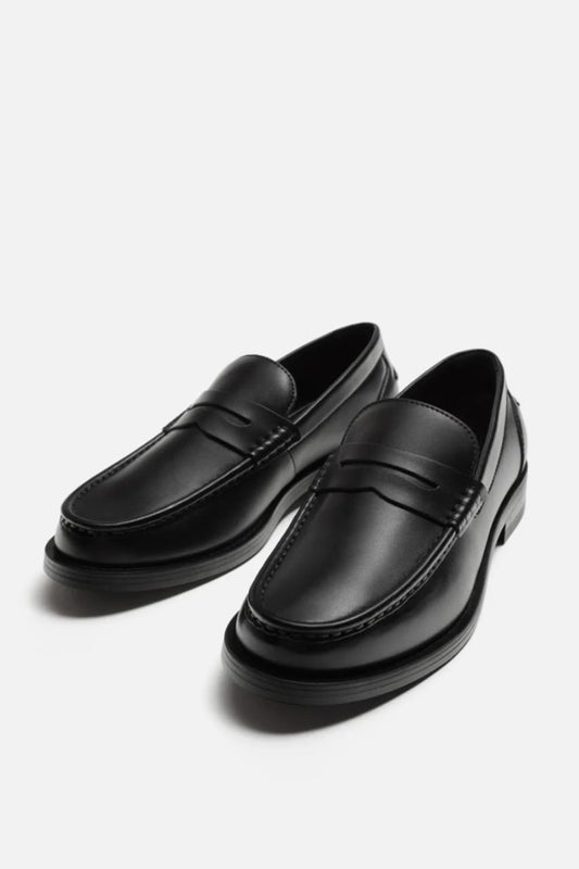 Zara Penny Strap Leather Loafers in Black