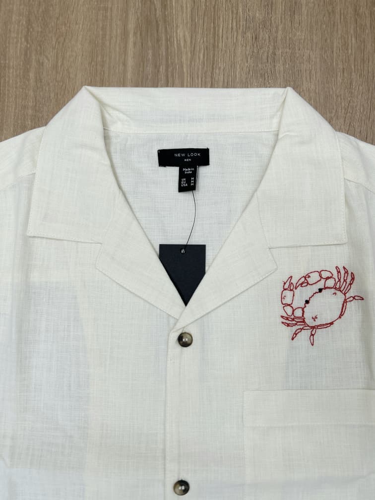 New Look Regular Fit Embroidered Linen Shirt in Off White